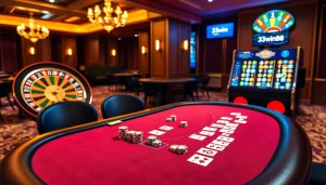 Experience the thrilling atmosphere of 33win68 with vibrant casino games and luxurious gaming setups.