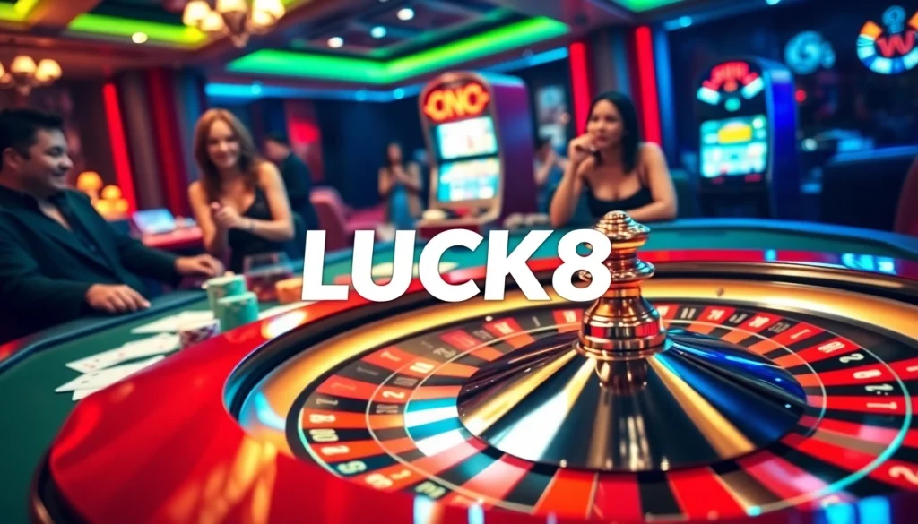 LUCK8 logo showcased on a vibrant casino roulette wheel amidst thrilling gameplay.