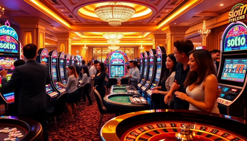 Players experiencing the thrill of winning on slot777 machines in a vibrant casino atmosphere.