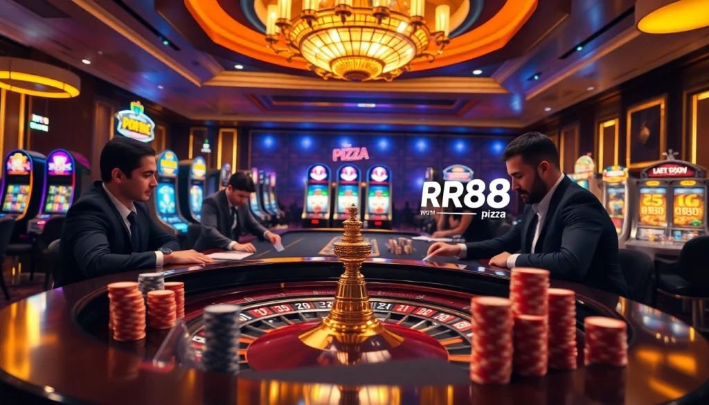 Engaging players at rr88.pizza immersed in a thrilling casino atmosphere with roulette and slot machines.