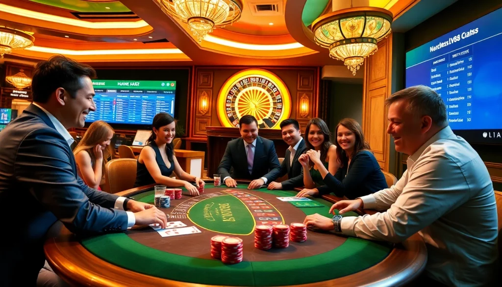 Players engaging in a thrilling game at https://lv88.ltd/ live casino with a professional dealer.