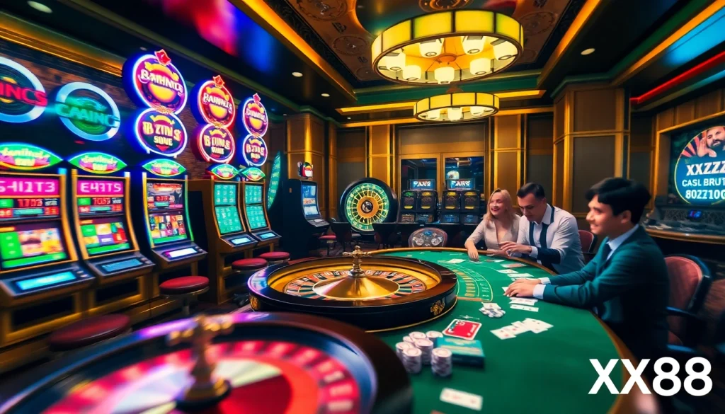 Exciting gambling scene at XX88 with players at a vibrant poker table and roulette wheel.