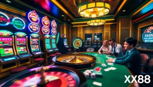 Exciting gambling scene at XX88 with players at a vibrant poker table and roulette wheel.