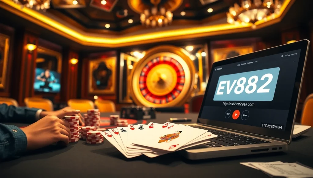 Engage in high-stakes poker at http://ev882.sa.com/ with a luxurious setting featuring vibrant roulette and betting slips.