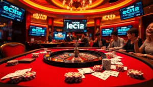 Exciting gameplay scene at a casino with leci123 integration, featuring roulette and poker elements.