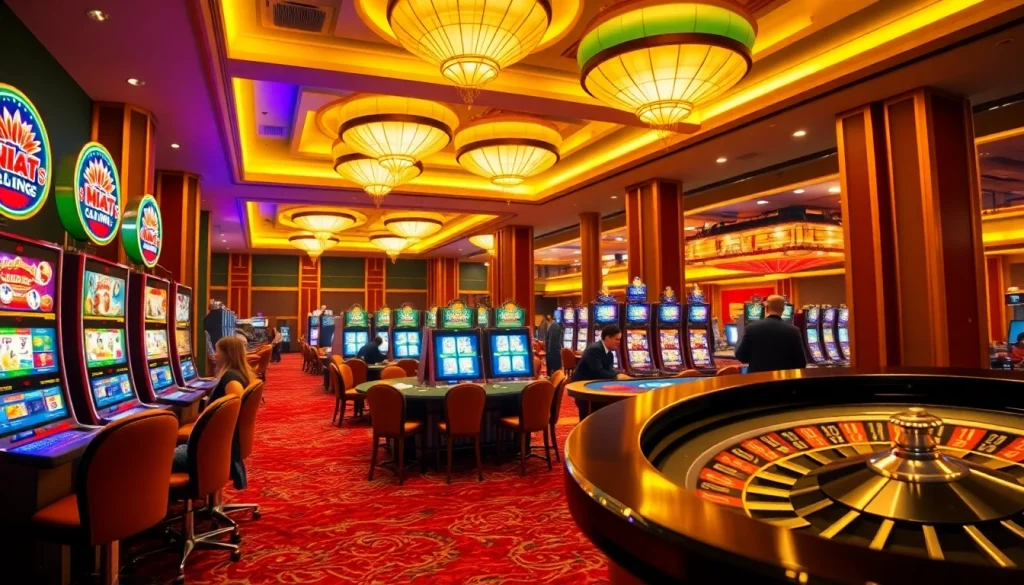 Exciting IDNslot gaming experience in a luxury casino with engaging players at the slot machines.