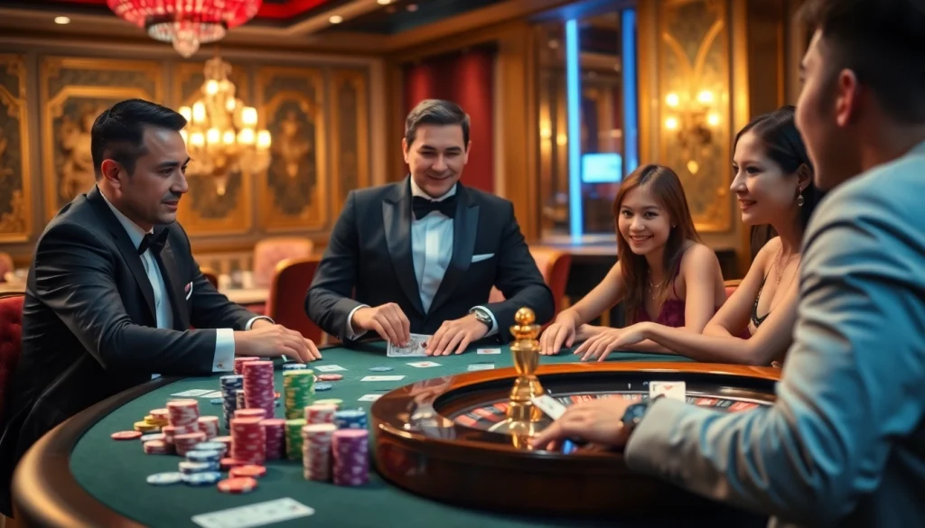Engaging players at https://rr88k1.com/ as they strategize high-stakes poker games in a vibrant casino setting.