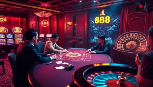 Experience the excitement of gambling at Jun88 with players at a vibrant casino table and slot machines.