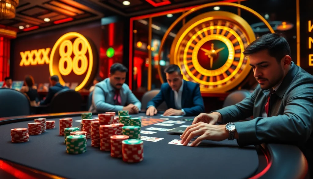 Experience the thrill of gambling at xx88 with vibrant poker tables and spinning roulette wheels.
