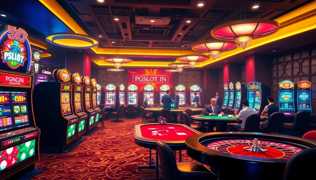 Engaging casino scene featuring PGSLOT IN, slot machines, and players at card tables.