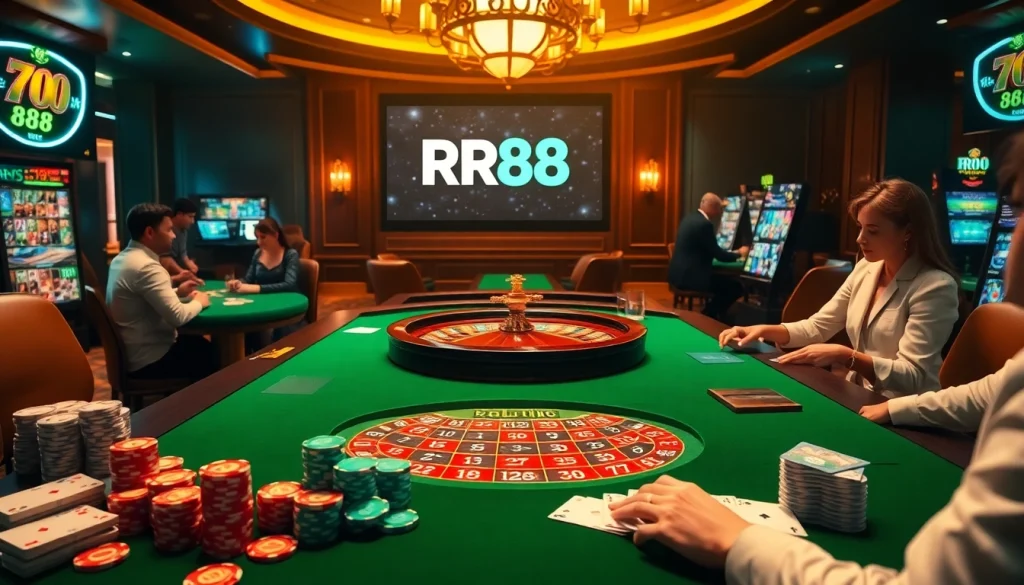 Gamblers enjoying a thrilling RR88 experience at a casino table with chips and cards.