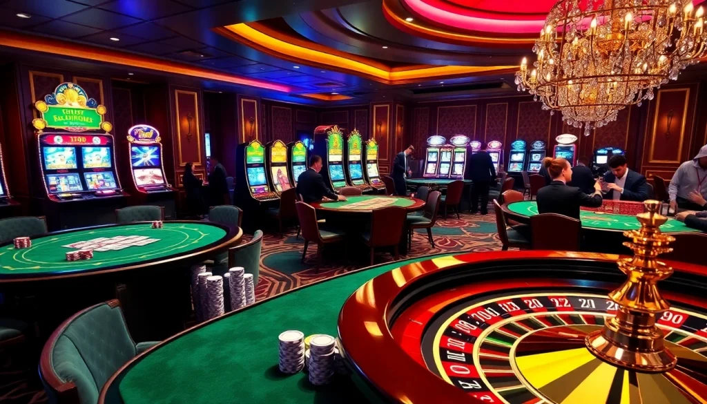 Experience the excitement of kuwin as players engage at vibrant casino tables filled with poker chips and thrilling games.