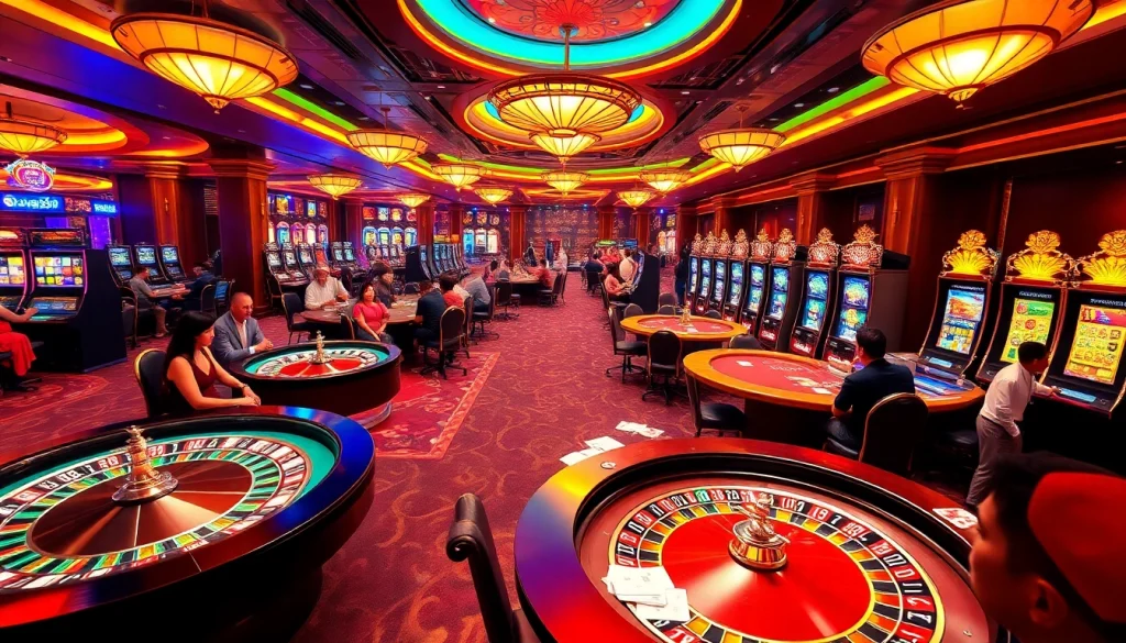 Players enjoying dynamic gaming experiences at Taya365's online casino with vibrant slot machines and roulette.