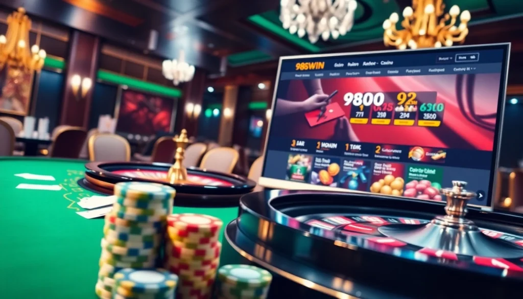 98Win offers an elegant online gambling experience with a vibrant casino table and poker chips.