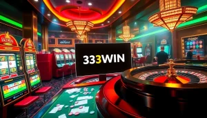 Feel the excitement of 33WIN at this luxurious casino scene featuring poker tables and slot machines.