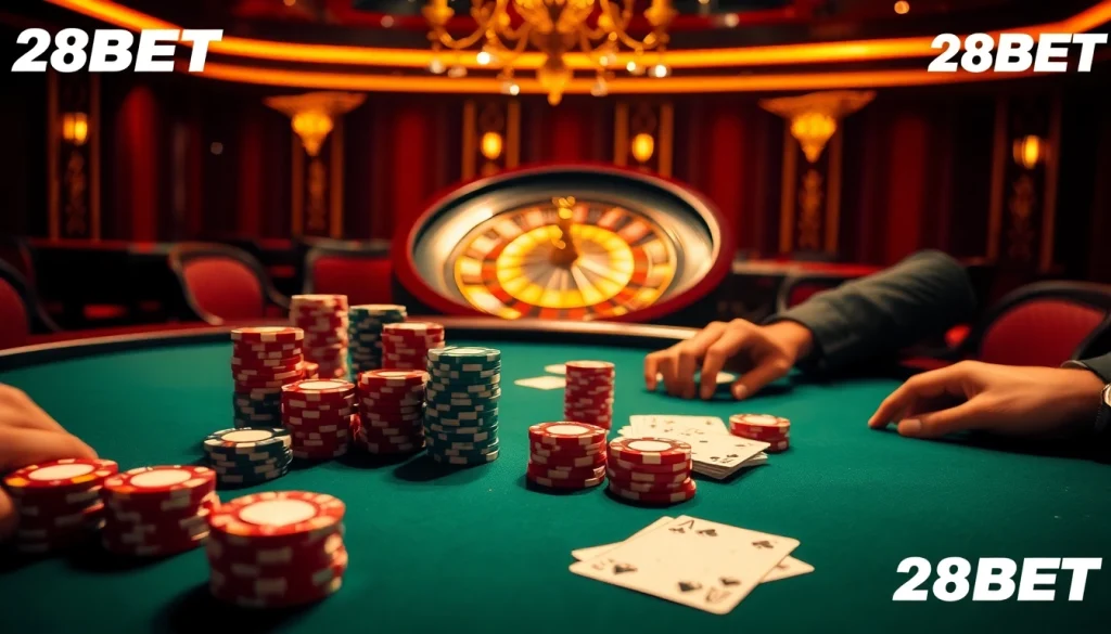 Experience high-stakes poker action at 28BET with stacks of vibrant chips and elegant cards.