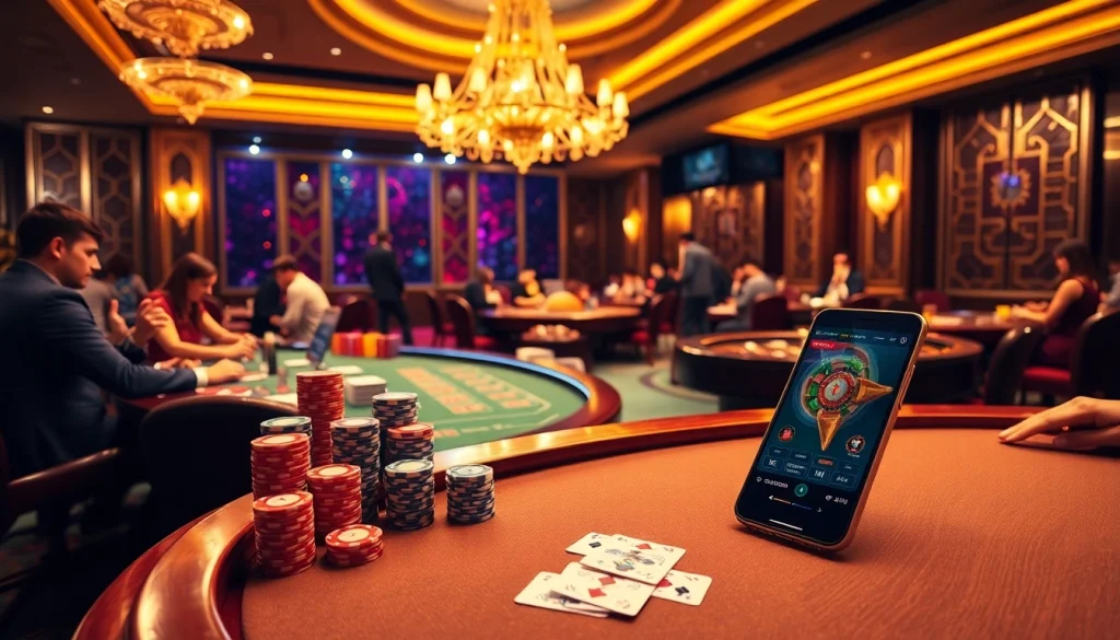 Experience 99ok đăng ký at luxurious poker tables with players and vibrant casino atmosphere.