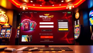 Wingslots77 Login interface showcasing vibrant slot games and betting slips to attract players.