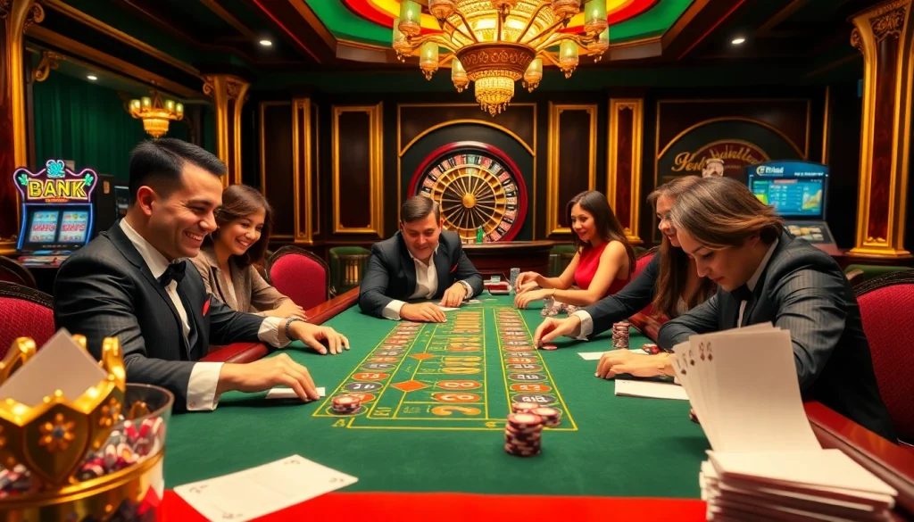 Exciting casino atmosphere showcasing mn88.ltd with players strategizing over gaming tables.