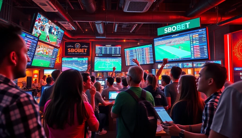 SBOBET sports betting scene with diverse bettors engaging in a lively atmosphere.