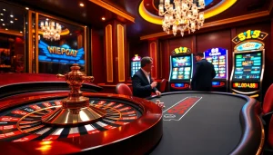 Engaging players strategizing their bets at a luxurious 68win casino table with vibrant displays.