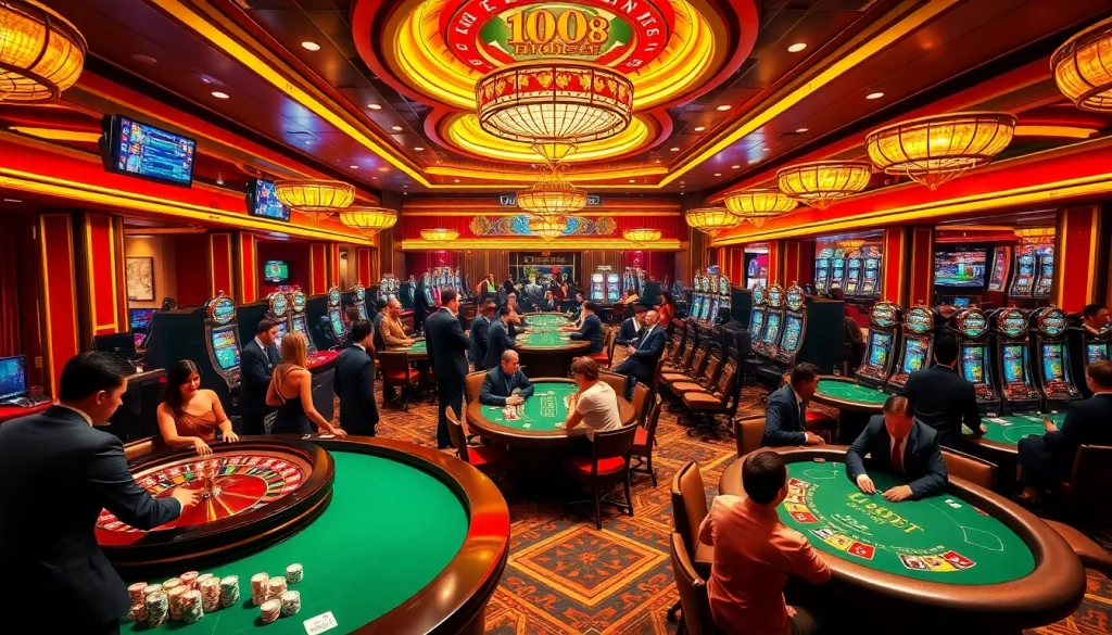 A thrilling scene of a busy casino showcasing 188bet excitement with vibrant table games and engaging players.