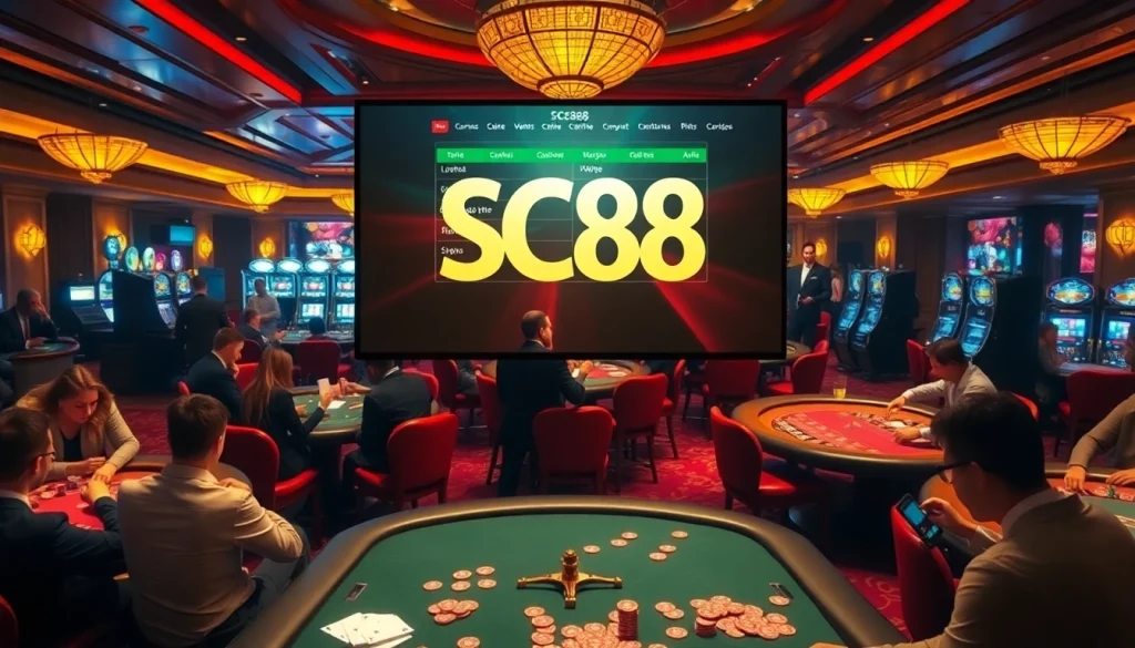 Players enjoy gaming at SC88's vibrant casino tables, illuminated with excitement.