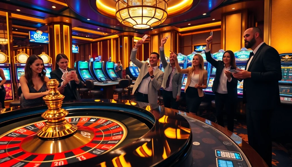 Experience the thrill of 88xx gaming with players cheering around a roulette table.