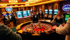 Cucu 777 roulette table filled with chips and players in an elegant casino setting.