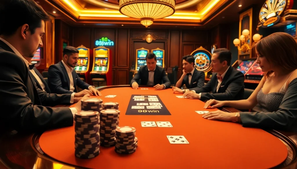 Experience the excitement of 98win with elegantly dressed players at a luxurious casino poker table.