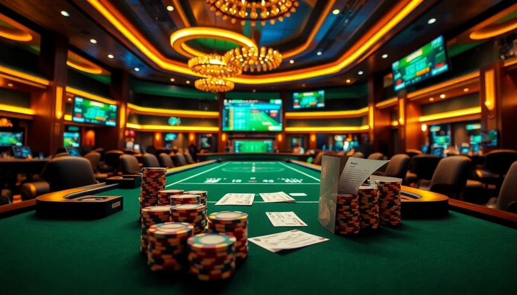 Situs Judi Bola online betting scene with live scores, poker chips, and vibrant atmosphere