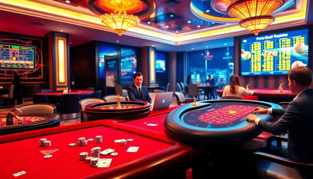 Fun88 casino scene featuring lively gamblers at blackjack and roulette tables, conveying excitement.