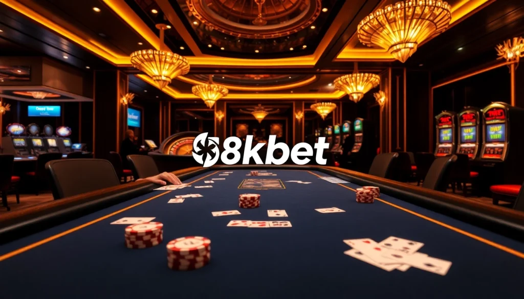 Experience the thrill of 8kbet with a luxurious casino scene featuring poker and roulette.
