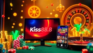 Kiss888 players enjoying a thrilling online casino experience with vibrant poker chips and engaging games.