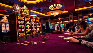 Kegembiraan perjudian dengan mesin slot yang berwarna-warni dan suasana kasino yang canggih.