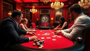 Players strategizing at the vz99 poker table in a luxurious casino environment.