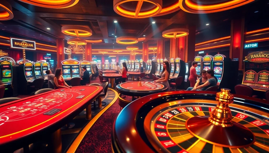 Players engaging with RAJAGACOR slot machines in a vibrant casino atmosphere.