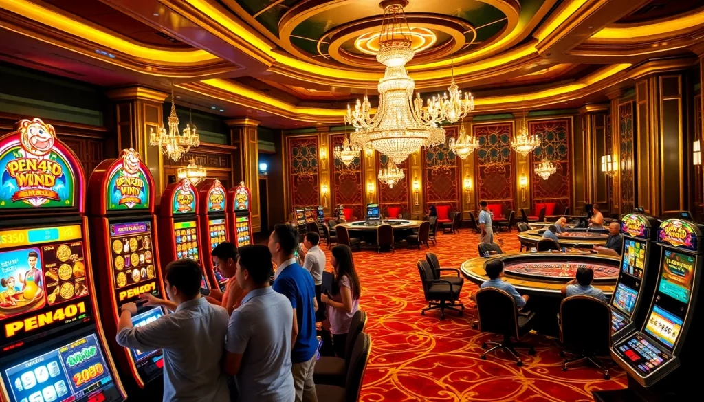 PEN4D players enjoying vibrant slot machines in an exciting casino atmosphere.