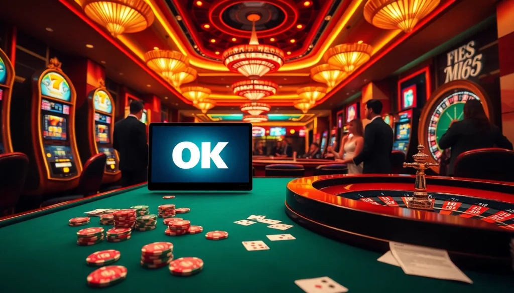 Engage in thrilling games at OK365 casino with poker chips and a vibrant roulette wheel.