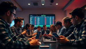 Dynamic portrayal of bettors analyzing keonhacai odds in a modern sports lounge.