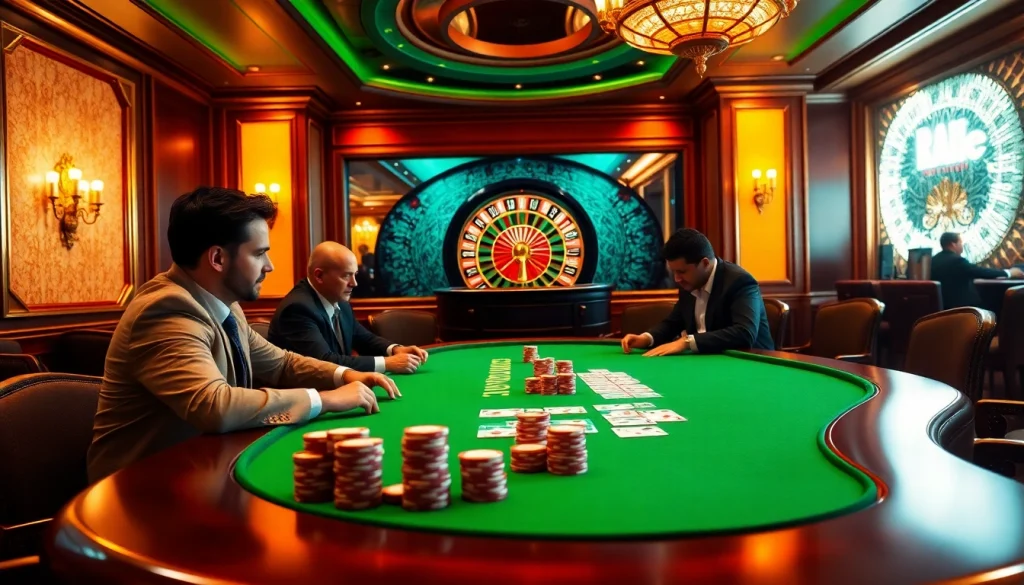 Players actively engaged in high-stakes poker at 28bet casino, showcasing excitement and luxury.