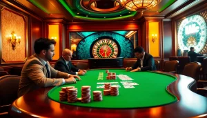 Players actively engaged in high-stakes poker at 28bet casino, showcasing excitement and luxury.
