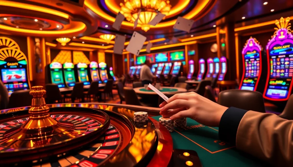Playing poker and placing strategic bets at a Nhà cái uy tín online casino with vibrant chips and slot machines