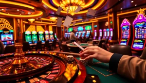 Playing poker and placing strategic bets at a Nhà cái uy tín online casino with vibrant chips and slot machines