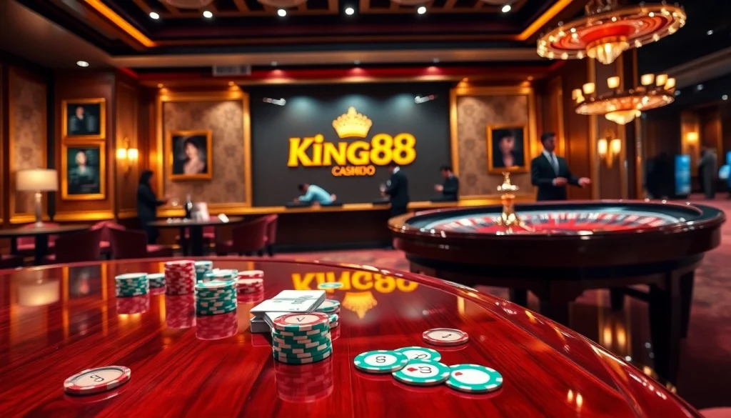 King88 poker scene with vibrant chips and players enjoying a baccarat game in a classy casino atmosphere.