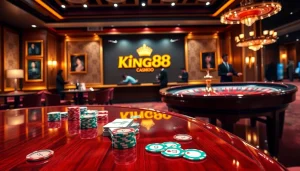 King88 poker scene with vibrant chips and players enjoying a baccarat game in a classy casino atmosphere.