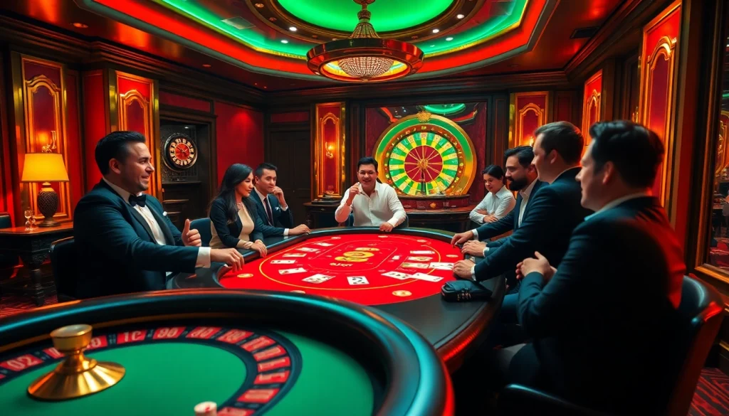 Join the thrilling poker game in SODO's luxurious casino ambiance, featuring vibrant decor and excited players.