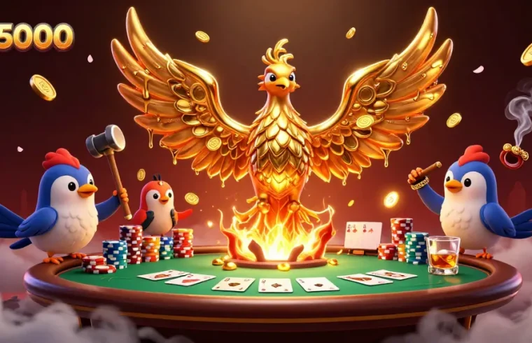 Menghadirkan api5000 dalam suasana kasino, menampilkan phoenix emas dan elemen permainan kartu yang dramatis.