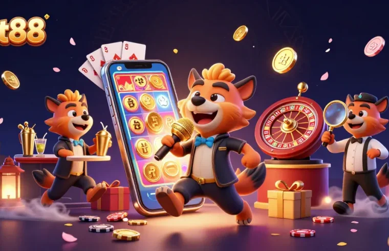 Bet88 hyenas illustrating comedy, bartending, and bouncer roles in a lively casino