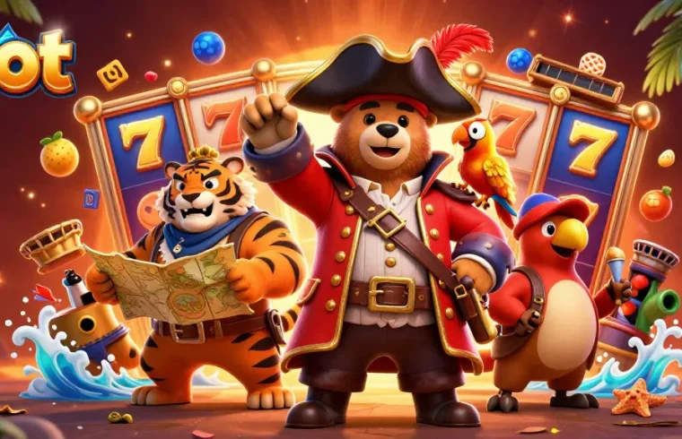Experience thrilling slot adventures with pirate bear, tiger first mate, and golden parrot amid jackpot visuals.